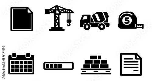 Construction icon set with crane, cement truck, and building tools