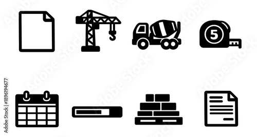 Construction icons set: crane, mixer truck, tape measure, calendar, and more