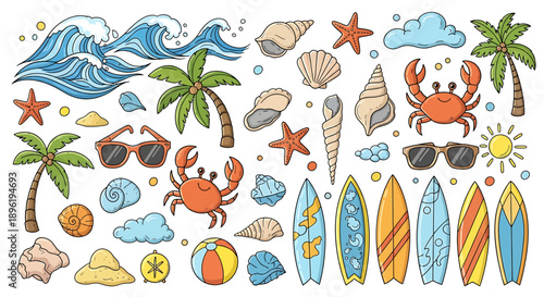 Collection of vibrant summer beach vacation icons and illustrations depicting tropical elements like surfboards, palm trees, and ocean waves