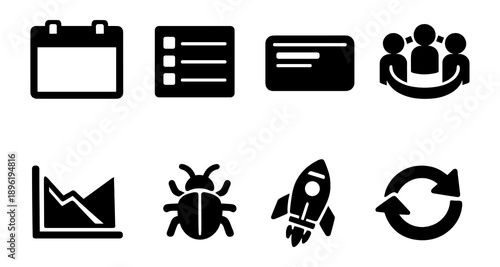 Collection of business and technology icons in black silhouette style