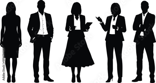 Professional Business Team Silhouettes in Suits, Diverse Corporate People Group Standing, Success Executive Characters Collection for Workplace Presentation Design