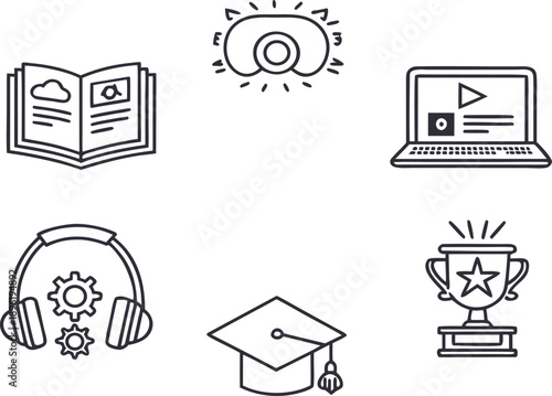 Back to school education icons set featuring a black silhouette vector illustration of office furniture and house interior signs like a chair, table, and computer for home study design