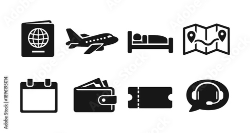 Travel icon set featuring passport, airplane, hotel, map, calendar, wallet, ticket, and support