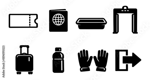 Airport travel essentials: luggage, boarding pass, passport, security, meals, drinking water, exit sign, gloves