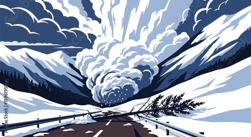 Modern vector illustration of avalanche rushing down mountains with rescue teams preparing response, emphasizing alpine safety and disaster management