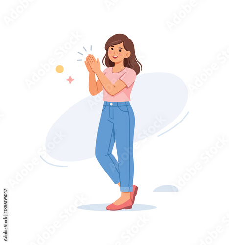 Smiling woman clapping hands, casual outfit, flat vector illustration