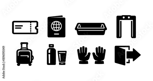 Travel icons: ticket, passport, security, luggage, items, exit symbols