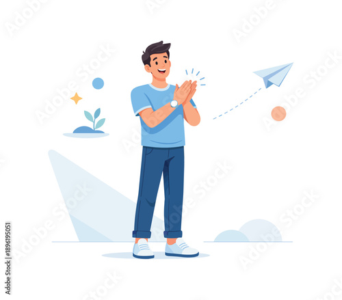 Man applauding with paper airplane in the background, flat vector illustration
