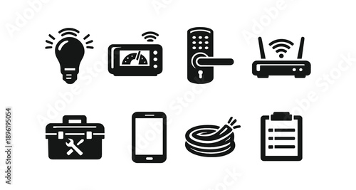 Smart home icons: light bulb, microwave, door lock, router, toolbox, smartphone, cable, clipboard