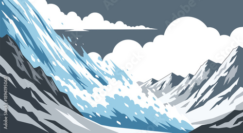 Modern vector illustration of avalanche rushing down mountains with rescue teams preparing response, emphasizing alpine safety and disaster management