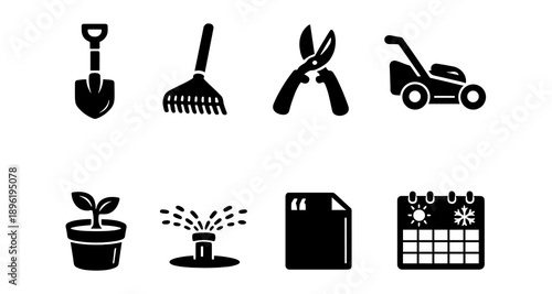 Garden tools and activities: shovel, rake, pruner, mower, plant, sprinkler, plans, calendar