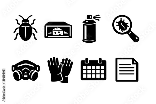 Pest control icons set: insect, trap, spray, magnifying glass, safety gear, calendar, document
