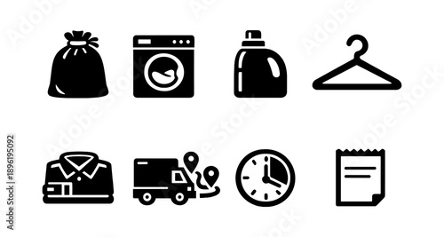 Laundry icon set: washing machine, detergent, hanger, delivery, time, receipt