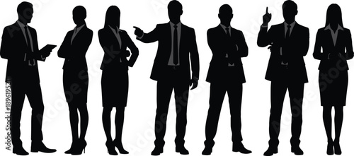 Professional business team silhouettes in formal suits standing, gesturing, and communicating for corporate leadership and diverse workplace collaboration
