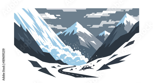Modern vector illustration of avalanche rushing down mountains with rescue teams preparing response, emphasizing alpine safety and disaster management