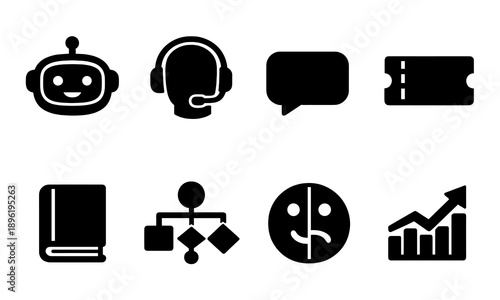 Black icon set: robot, headset, chat, ticket, book, workflow, mood, graph