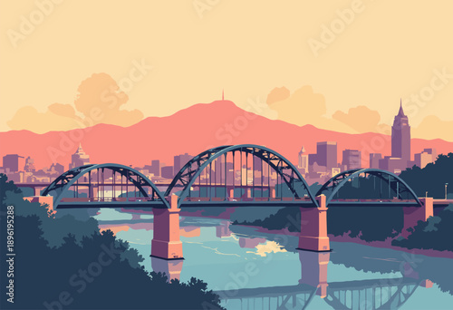 Vertical retro illustration Chattanooga, Tennessee Walnut Street Bridge Lookout Mountain distance Warm palette