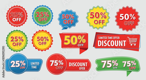 Colorful collection of promotional offer badges and price reduction tags for business advertising and online shopping campaigns