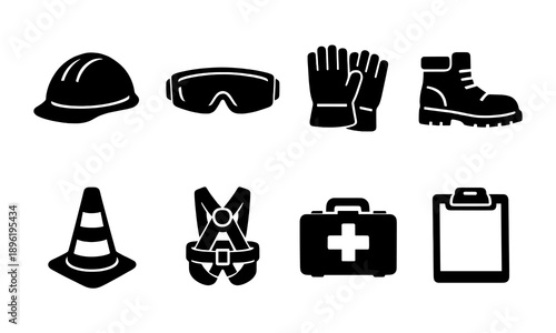 Essential safety gear icons: helmet, goggles, gloves, boots, cone, harness, first aid, clipboard