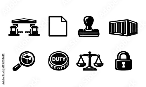 Icons representing customs, documents, stamps, containers, duty, and security