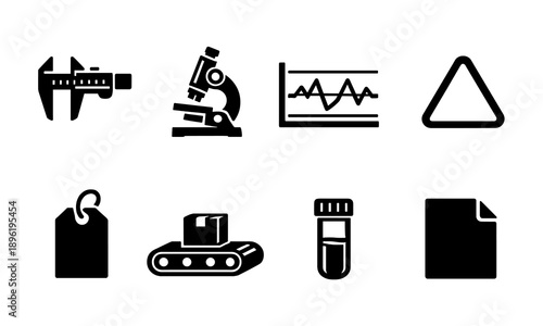 Scientific instruments and symbols collection: caliper, microscope, graph, triangle, tag, conveyor, test tube, document icon set