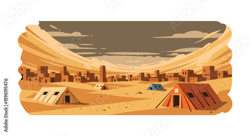 Modern vector illustration of sandstorm covering desert town with shelters and warning signs, highlighting environmental disaster awareness and safety