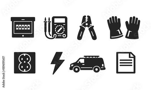 Electrical tools and equipment icons including gloves and van