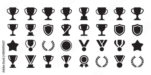Trophy award black icon set. champion cups, medals, stars, and laurel wreaths collection