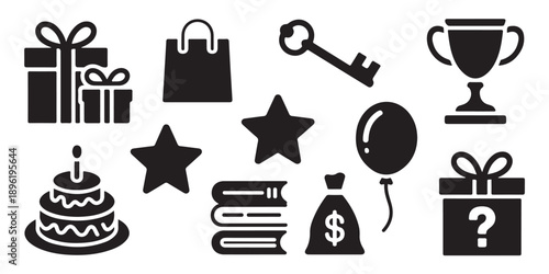 Prize icon set. gift boxes, shopping bag, key, award cup, birthday cake, balloon, star