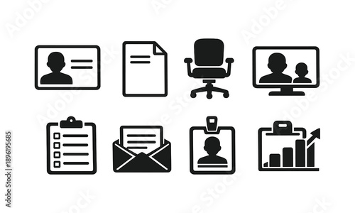 Office icons set: id card, document, chair, video call, checklist, envelope, clip, graph