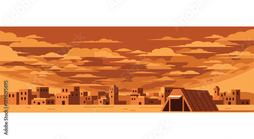 Modern vector illustration of sandstorm covering desert town with shelters and warning signs, highlighting environmental disaster awareness and safety