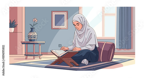 Muslim woman reading quran in room, islamic lifestyle, devotion, learning