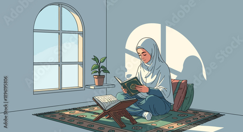 Muslim woman reading Quran in sunlit room, peaceful devotion