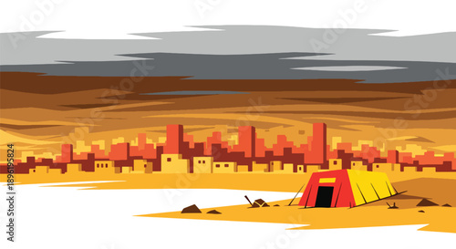 Modern vector illustration of sandstorm covering desert town with shelters and warning signs, highlighting environmental disaster awareness and safety