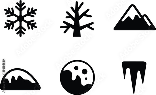 Winter Nature and Ice Silhouette Icon Set: Black Vector Graphic Collection Featuring Snowflake, Bare Winter Tree, Snow-Capped Mountain, Igloo, Snowball, and Sharp Icicle for Seasonal Design and Outdoo