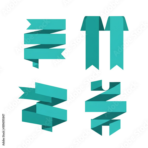 Four Teal Ribbons And Banners In Different Shapes And Folds Isolated Transparent Background