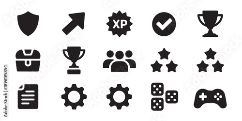 Gaming and achievement icons set with shield, arrow up, XP, checkmark, and two trophies