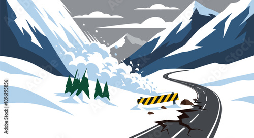 Modern vector illustration of avalanche rushing down mountains with rescue teams preparing response, emphasizing alpine safety and disaster management