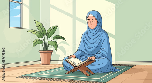 Muslim Woman Reading Quran on Prayer Mat in a Bright Room