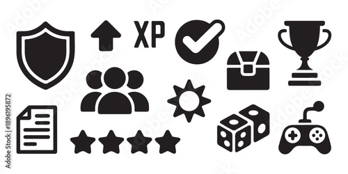 Game icons collection of shield trophy chest dice controller and experience points