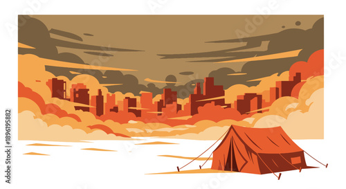 Modern vector illustration of sandstorm covering desert town with shelters and warning signs, highlighting environmental disaster awareness and safety