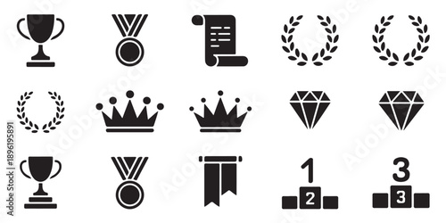 Collection of victory award symbols like trophy medals crowns laurels diamonds podiums