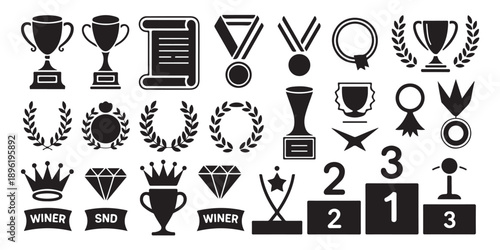 Winning and award icons set including trophies medals laurel wreaths and podiums