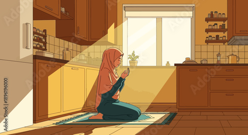 Woman in hijab praying in sunlit kitchen, spiritual moment, peaceful devotion