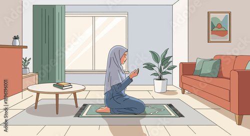 Woman in hijab praying on a rug in modern living room, Islamic prayer, peaceful home scene