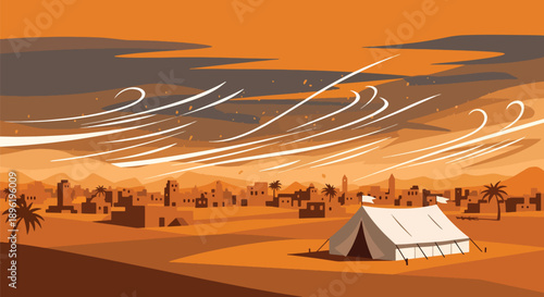 Modern vector illustration of sandstorm covering desert town with shelters and warning signs, highlighting environmental disaster awareness and safety