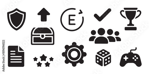 Gaming and achievement icons shield chest checkmark people gear dice controller and file