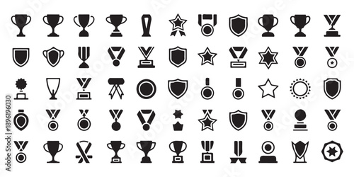 Large collection of award and recognition icons like trophies medals shields and stars