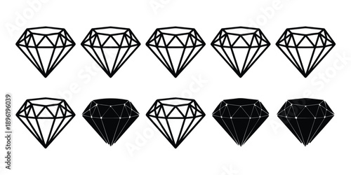 Diamond icons in outline and solid styles for luxury and value representation