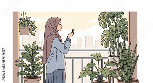 Woman in Hijab Praying on Balcony Surrounded by Lush Green Plants